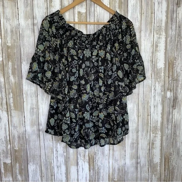 Torrid Off Shoulder Floral Chiffon Blouse 0X Black Blue Boho Peasant Top Plus - Picture 2 of 7